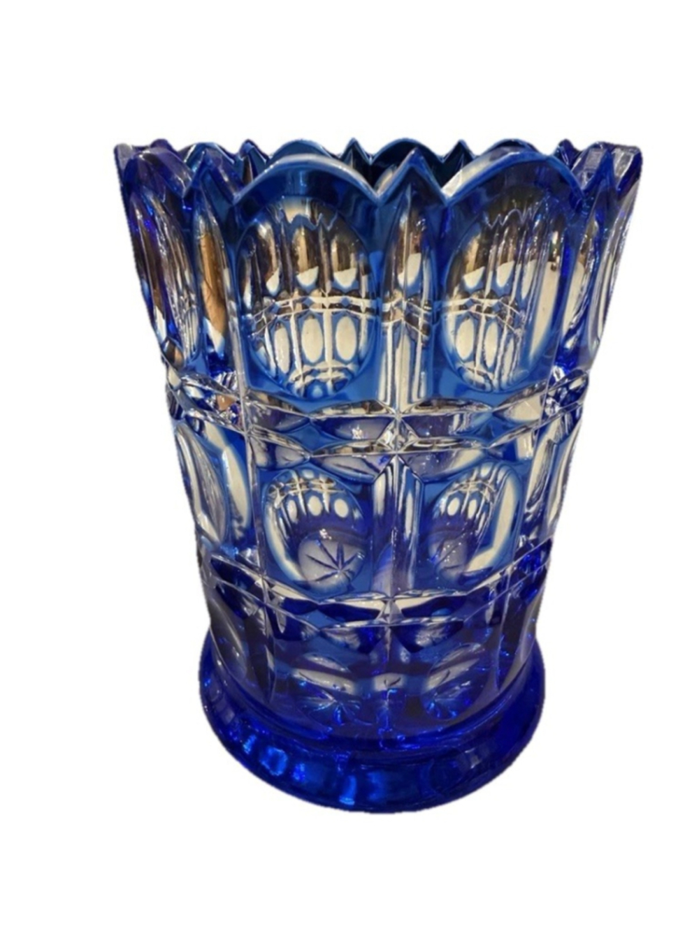 Vintage Val Saint Lambert Cobalt Blue Cut to Clear Crystal Rose Vase Signed 5”